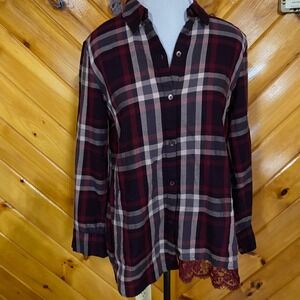 LOGO Lori Goldstein Womens Plaid Button Down Tunic Lace Trim Burgundy XS